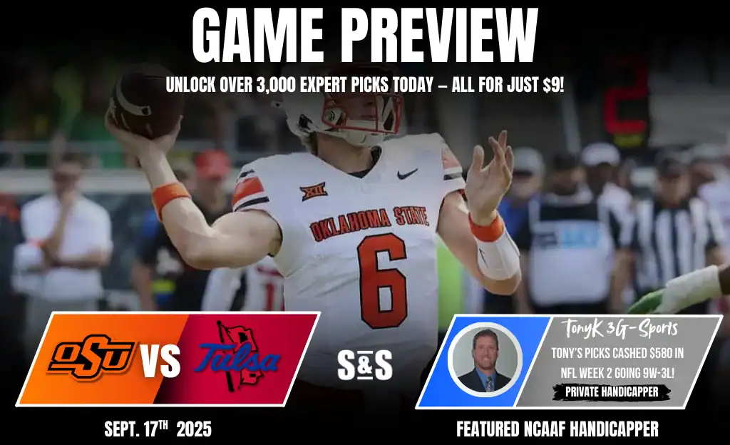 Oklahoma State quarterback prepares to pass during a game preview against Tulsa, highlighted with betting information.
