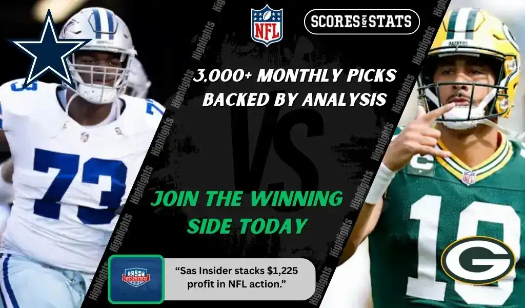 NFL game preview showing Dallas Cowboys offensive lineman and Green Bay Packers quarterback before their matchup, highlighting expert picks and predictions for September 28, 2025.