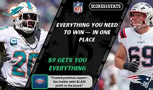 NFL matchup graphic featuring a Miami Dolphins player in white uniform against a New England Patriots player in white and red uniform, promoting betting picks and predictions for September 14, 2025.