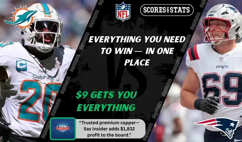 NFL matchup graphic featuring a Miami Dolphins player in white uniform against a New England Patriots player in white and red uniform, promoting betting picks and predictions for September 14, 2025.