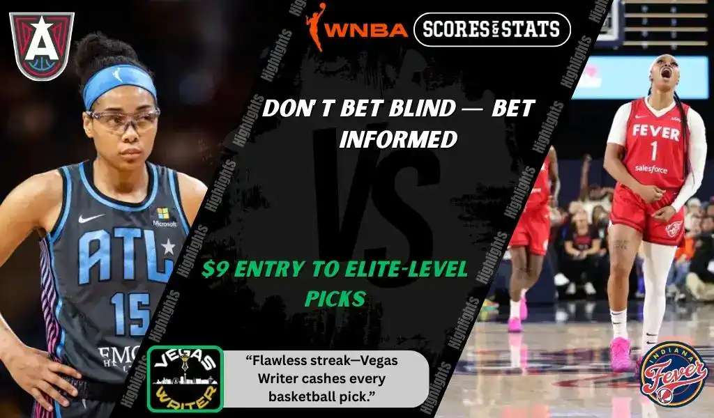 WNBA matchup graphic featuring an Atlanta Dream player in black and blue uniform against an Indiana Fever player in red uniform celebrating, highlighting betting picks and predictions for September 18, 2025.