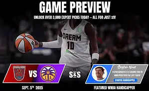 A basketball player holds a ball, with a game preview for Atlanta Dream vs. LA Sparks, promoting expert picks for $9.