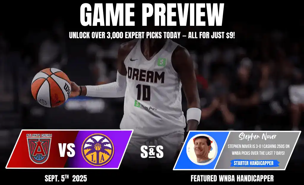 A basketball player holds a ball, with a game preview for Atlanta Dream vs. LA Sparks, promoting expert picks for $9.