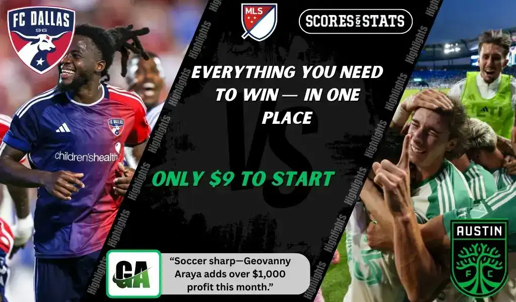 MLS matchup graphic featuring FC Dallas players celebrating in red and blue kit against Austin FC players celebrating in green kit, promoting betting picks and predictions for September 13, 2025.