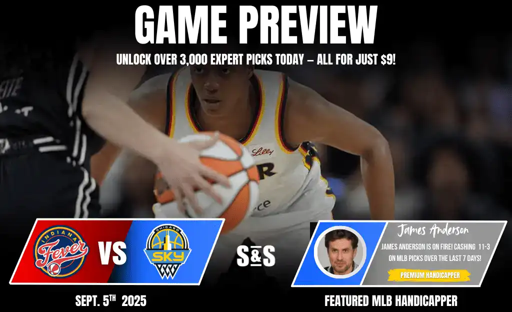 Game preview for Indiana Fever vs. Chicago Sky on September 5, 2025, featuring player action and promotional content.