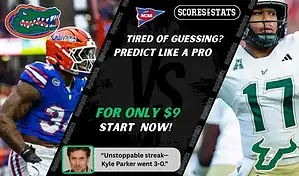 College football matchup poster featuring Florida Gators and South Florida Bulls with game picks and predictions for September 6, 2025.