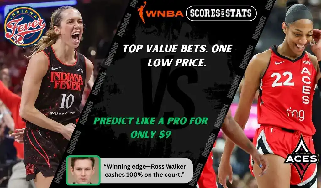 WNBA matchup preview featuring Indiana Fever guard celebrating and Las Vegas Aces star in action, promoting expert picks and predictions for September 26, 2025.