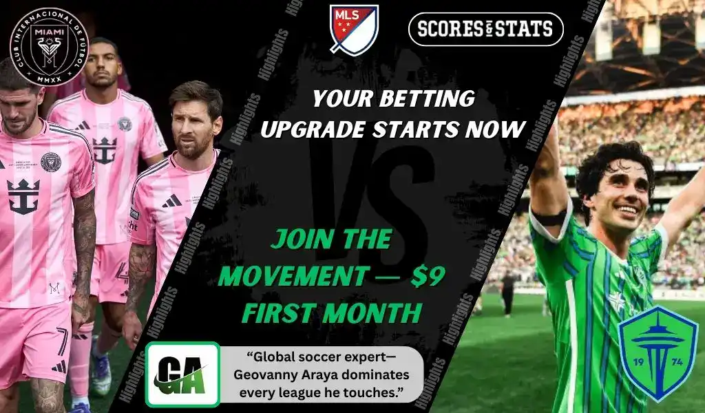 MLS matchup graphic featuring Inter Miami CF players in pink kit, including Lionel Messi, against a Seattle Sounders player in green kit celebrating, promoting betting picks and predictions for September 16, 2025.