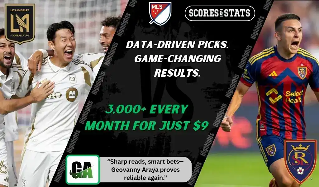 Los Angeles FC players celebrating and a Real Salt Lake player reacting with intensity ahead of their September 21, 2025 MLS matchup.