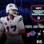 Buffalo quarterback Josh Allen in white uniform on the left, Atlanta player in black uniform on the right, MNF shield between them.