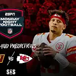 Home 14 Washington quarterback in burgundy uniform on the left, Kansas City quarterback Patrick Mahomes in white uniform on the right, ESPN MNF banner in the center.