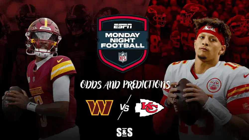 Week 8 Monday Night Football Predictions: Commanders vs. Chiefs 1 Washington quarterback in burgundy uniform on the left, Kansas City quarterback Patrick Mahomes in white uniform on the right, ESPN MNF banner in the center.