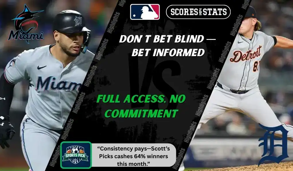 MLB matchup graphic featuring a Miami Marlins player running in gray uniform against a Detroit Tigers pitcher in gray uniform, promoting betting picks and predictions for September 13, 2025.