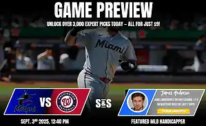 A promotional graphic for an MLB game preview featuring the Miami Marlins vs. Washington Nationals on Sept. 2, 2025, at 5:40 PM.
