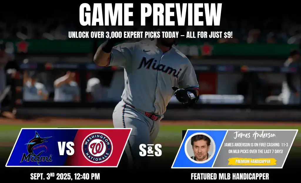 A promotional graphic for an MLB game preview featuring the Miami Marlins vs. Washington Nationals on Sept. 2, 2025, at 5:40 PM.