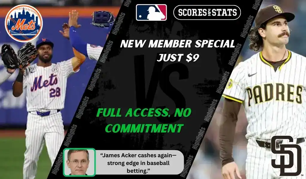New York Mets players celebrate while a San Diego Padres pitcher looks on during their September 18, 2025 MLB matchup.