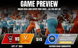 A football game preview graphic featuring NC State vs. Virginia, with promotional text for expert picks and upcoming match details.