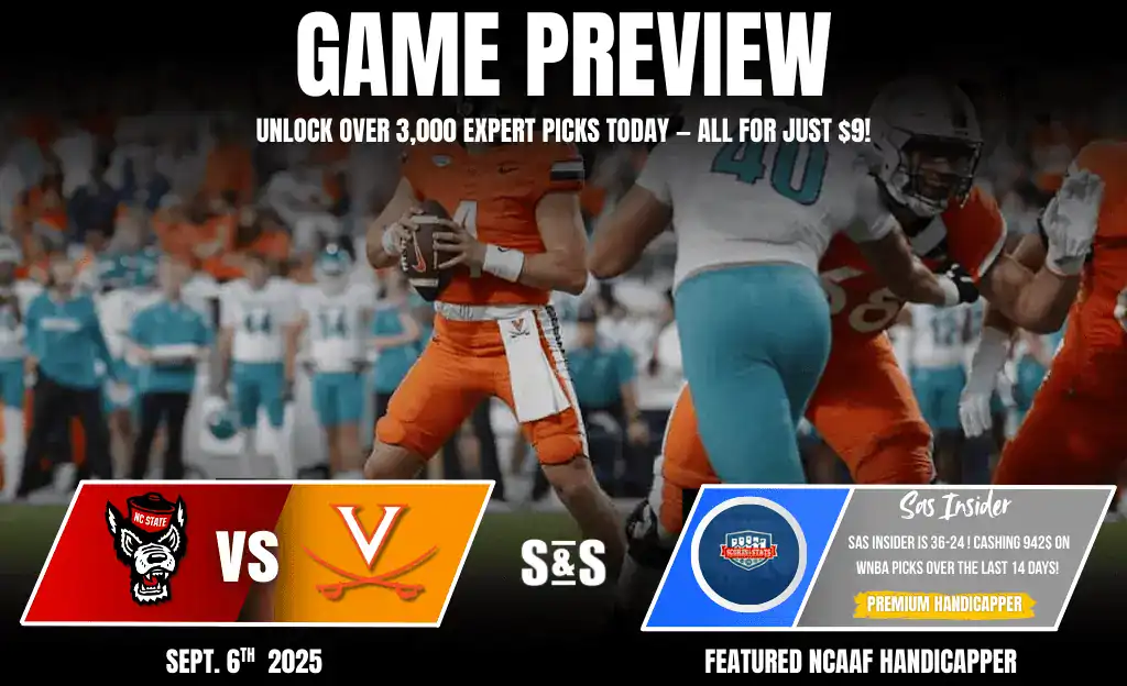 A football game preview graphic featuring NC State vs. Virginia, with promotional text for expert picks and upcoming match details.