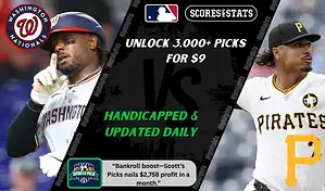 MLB matchup graphic showing a Washington Nationals player in gray uniform pointing while a Pittsburgh Pirates pitcher in white uniform prepares to throw, promoting betting picks and predictions for September 13, 2025.