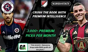 MLS matchup featuring New England Revolution player in red and blue kit against Atlanta United player in black and red kit, previewing their September 27, 2025 game with expert betting picks.