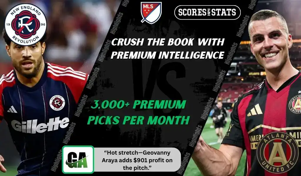 MLS matchup featuring New England Revolution player in red and blue kit against Atlanta United player in black and red kit, previewing their September 27, 2025 game with expert betting picks.