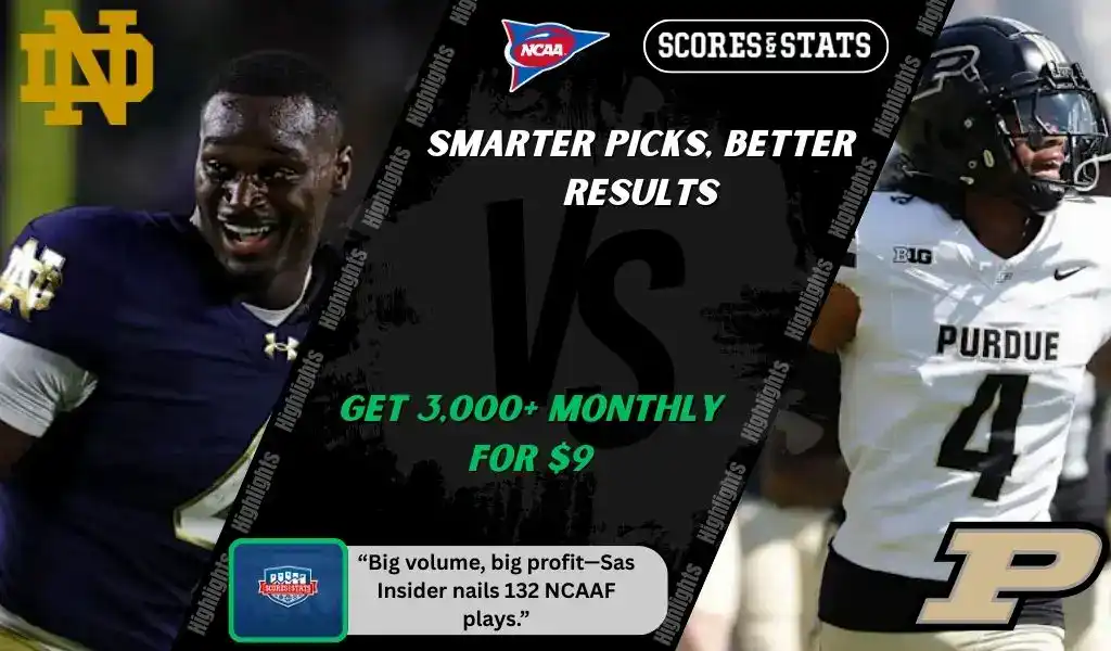 Notre Dame Fighting Irish player smiling while a Purdue Boilermakers quarterback prepares for a play ahead of their September 20, 2025 college football matchup.