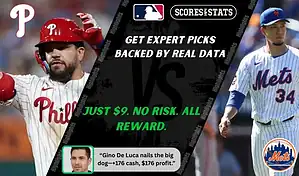 MLB game preview graphic showing Philadelphia Phillies player in batting stance and New York Mets pitcher preparing to throw, promoting September 8, 2025 picks and predictions.