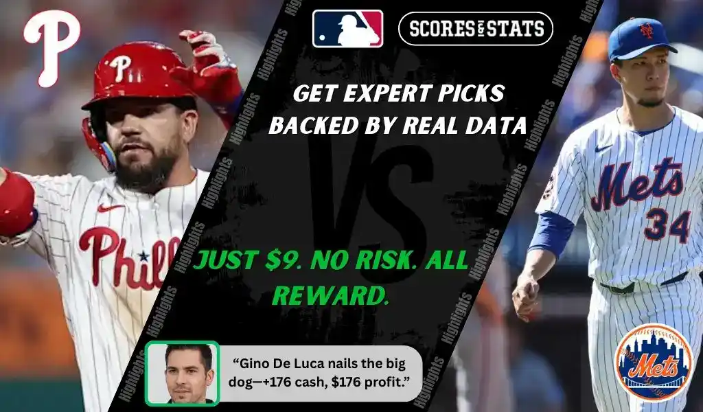 MLB game preview graphic showing Philadelphia Phillies player in batting stance and New York Mets pitcher preparing to throw, promoting September 8, 2025 picks and predictions.