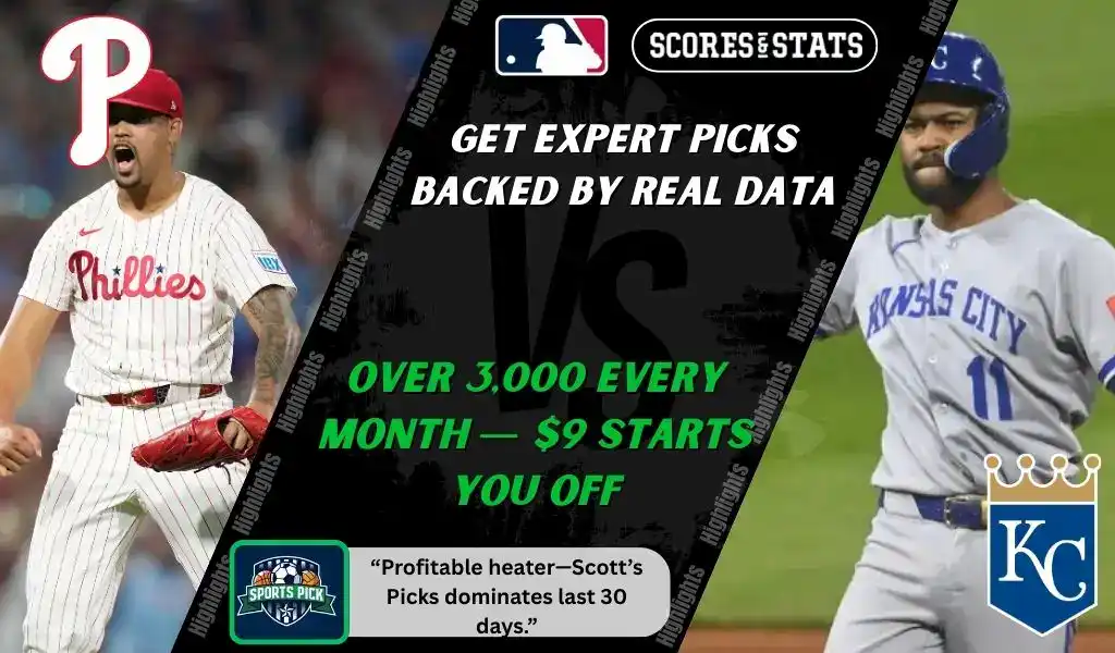 MLB matchup graphic featuring a Philadelphia Phillies pitcher in red pinstripe uniform against a Kansas City Royals player in gray uniform, promoting betting picks and predictions for September 13, 2025.