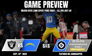 A football player in a blue and yellow uniform celebrates a play, with "Game Preview" and team logos for Raiders vs. Chargers in the background.