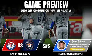 Texas Rangers players in gray uniforms celebrate before a game against the Houston Astros, with game preview details displayed below.