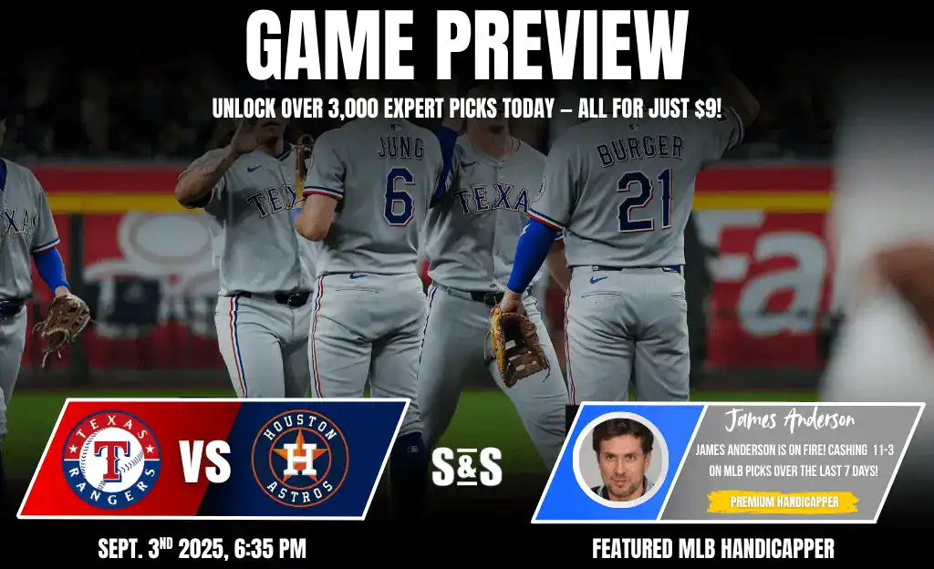 Texas Rangers players in gray uniforms celebrate before a game against the Houston Astros, with game preview details displayed below.
