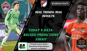 MLS matchup graphic featuring a Colorado Rapids goalkeeper in green kit against a Houston Dynamo player in orange kit, promoting betting picks and predictions for September 13, 2025.