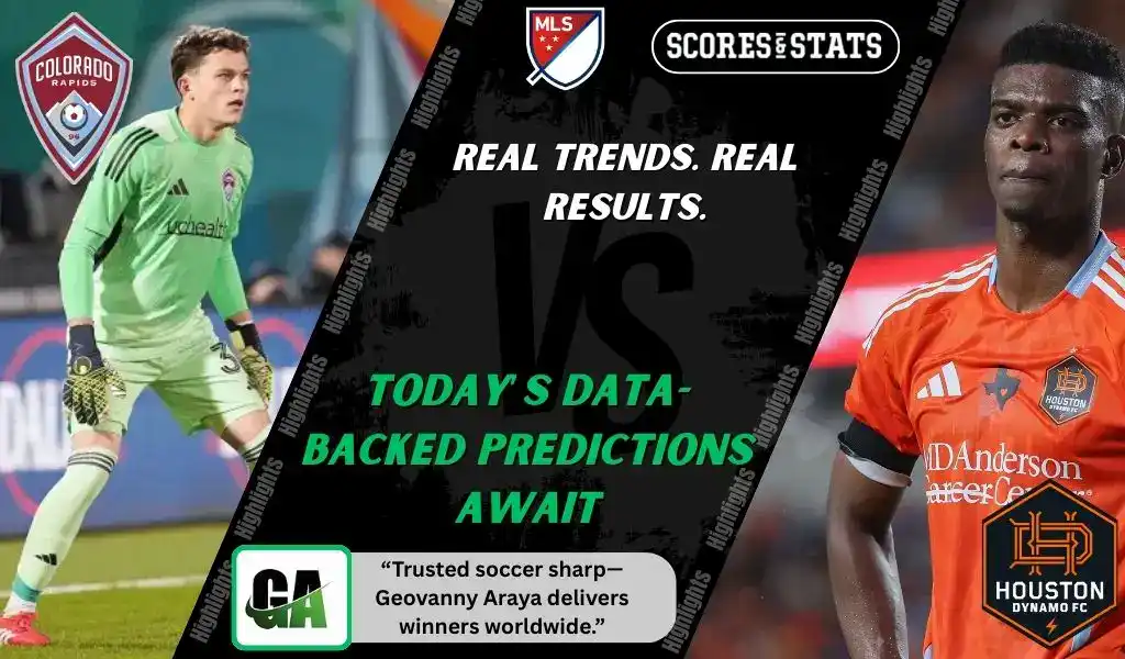 MLS matchup graphic featuring a Colorado Rapids goalkeeper in green kit against a Houston Dynamo player in orange kit, promoting betting picks and predictions for September 13, 2025.