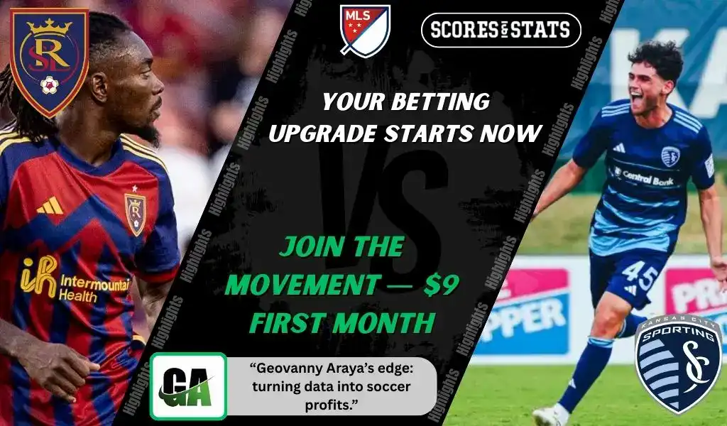 MLS matchup graphic featuring a Real Salt Lake player in red and blue kit against a Sporting Kansas City player in blue kit, promoting betting picks and predictions for September 13, 2025.