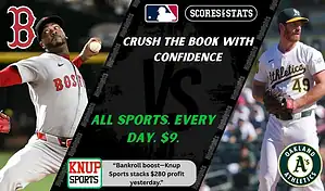 MLB matchup graphic featuring a Boston Red Sox pitcher in gray uniform against an Oakland Athletics pitcher in white uniform, promoting betting picks and predictions for September 16, 2025.