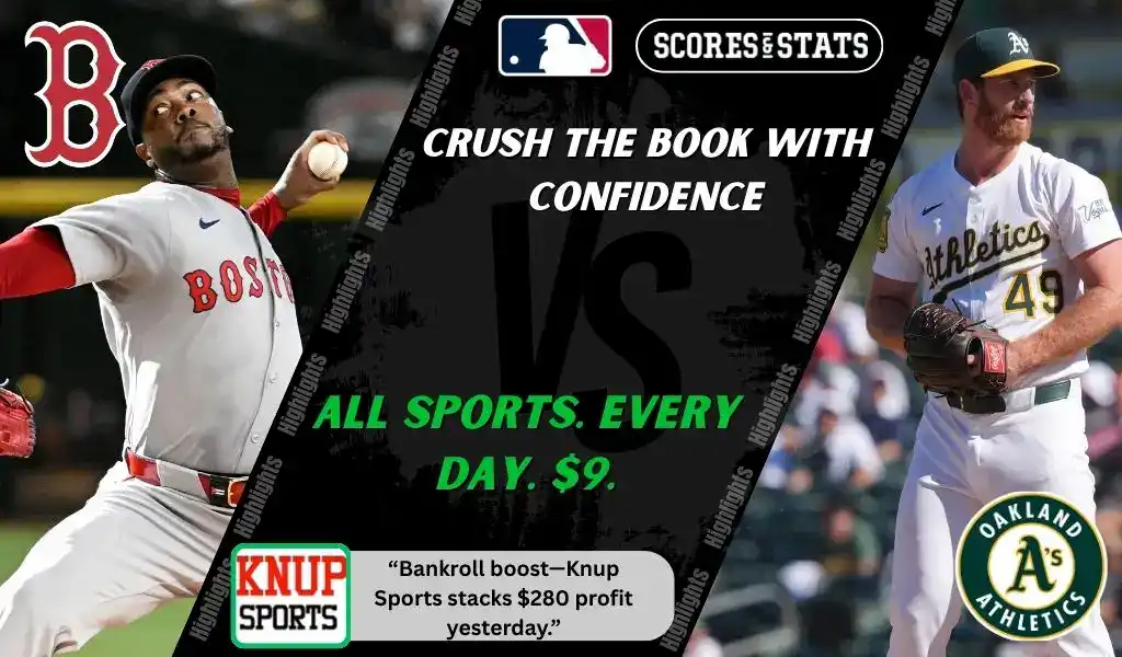MLB matchup graphic featuring a Boston Red Sox pitcher in gray uniform against an Oakland Athletics pitcher in white uniform, promoting betting picks and predictions for September 16, 2025.