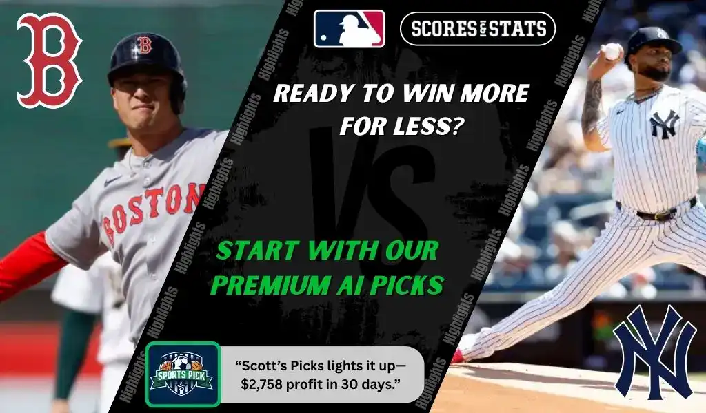 MLB matchup graphic featuring a Boston Red Sox batter in gray uniform against a New York Yankees pitcher in pinstripes, promoting betting picks and predictions for September 13, 2025.
