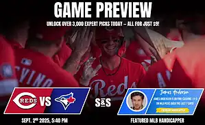 A game preview graphic featuring the Reds vs. Blue Jays, highlighting expert picks and stats for September 2, 2025.
