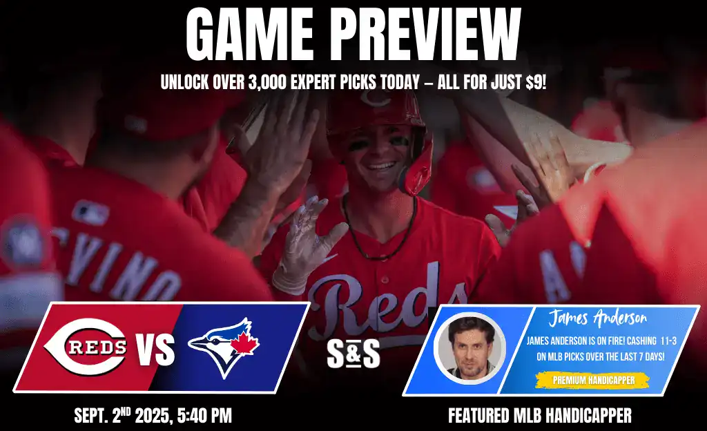8 A game preview graphic featuring the Reds vs. Blue Jays, highlighting expert picks and stats for September 2, 2025.