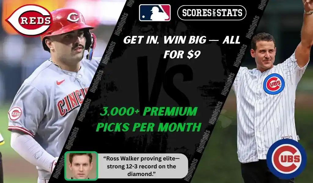 1 MLB matchup preview showing Cincinnati Reds player at bat and Chicago Cubs player celebrating ahead of September 20, 2025 picks and predictions.