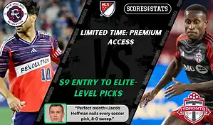 MLS matchup graphic showing New England Revolution player in action against a Toronto FC player, promoting betting picks and predictions for September 13, 2025.