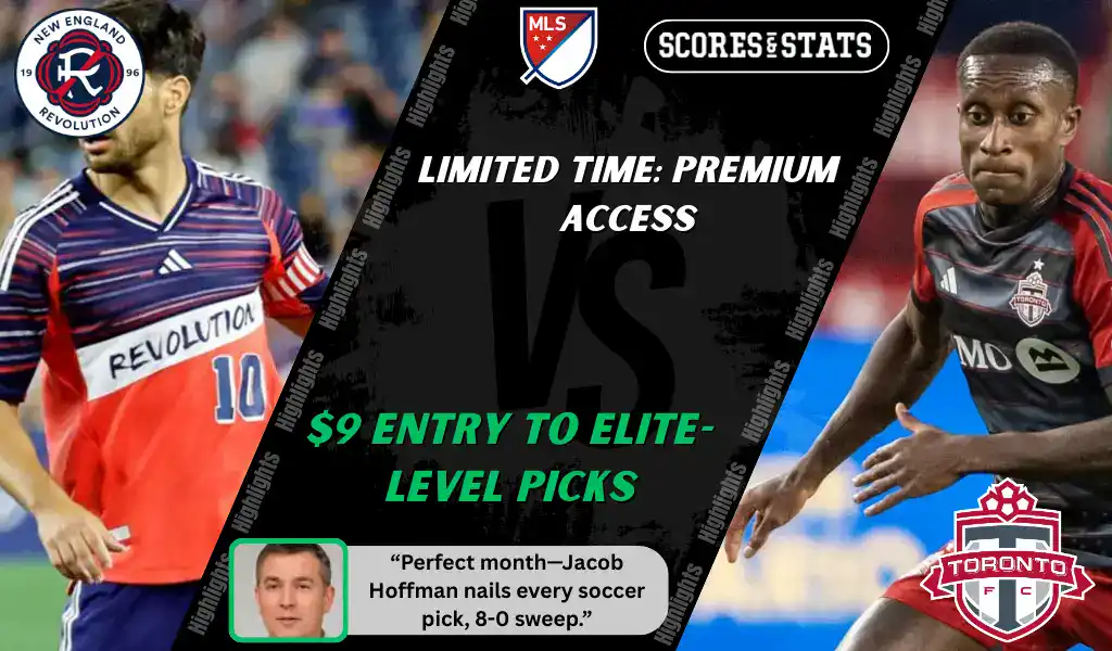 MLS matchup graphic showing New England Revolution player in action against a Toronto FC player, promoting betting picks and predictions for September 13, 2025.