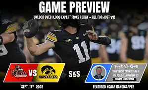 A football player in a black and yellow jersey throws the ball, featuring a game preview for the Rutgers vs. Hawkeyes matchup.