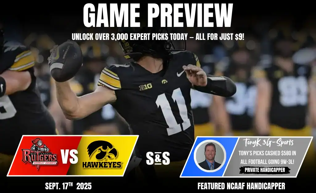 A football player in a black and yellow jersey throws the ball, featuring a game preview for the Rutgers vs. Hawkeyes matchup.