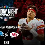 Detroit quarterback Jared Goff in blue on the left and Kansas City quarterback Patrick Mahomes in red on the right with Sunday Night Football logo above.