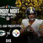 Green Bay quarterback Jordan Love on the left and Pittsburgh quarterback Kenny Pickett on the right with NBC Sunday Night Football banner above.