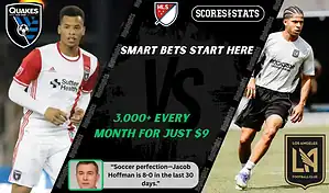 MLS matchup graphic with San Jose Earthquakes player in white and red kit facing a Los Angeles FC player in training gear, promoting betting picks and predictions for September 13, 2025.