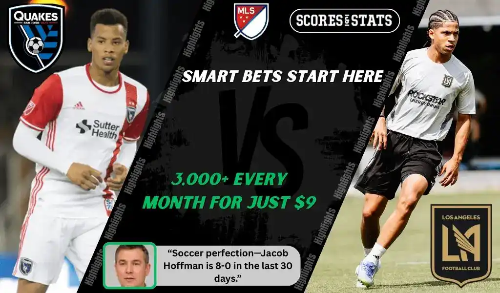MLS matchup graphic with San Jose Earthquakes player in white and red kit facing a Los Angeles FC player in training gear, promoting betting picks and predictions for September 13, 2025.