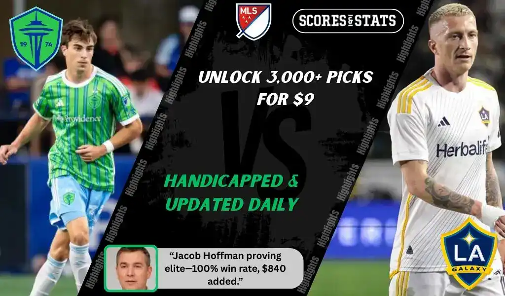 MLS matchup graphic featuring a Seattle Sounders player in green and blue kit against an LA Galaxy player in white kit, highlighting betting picks and predictions for September 13, 2025.